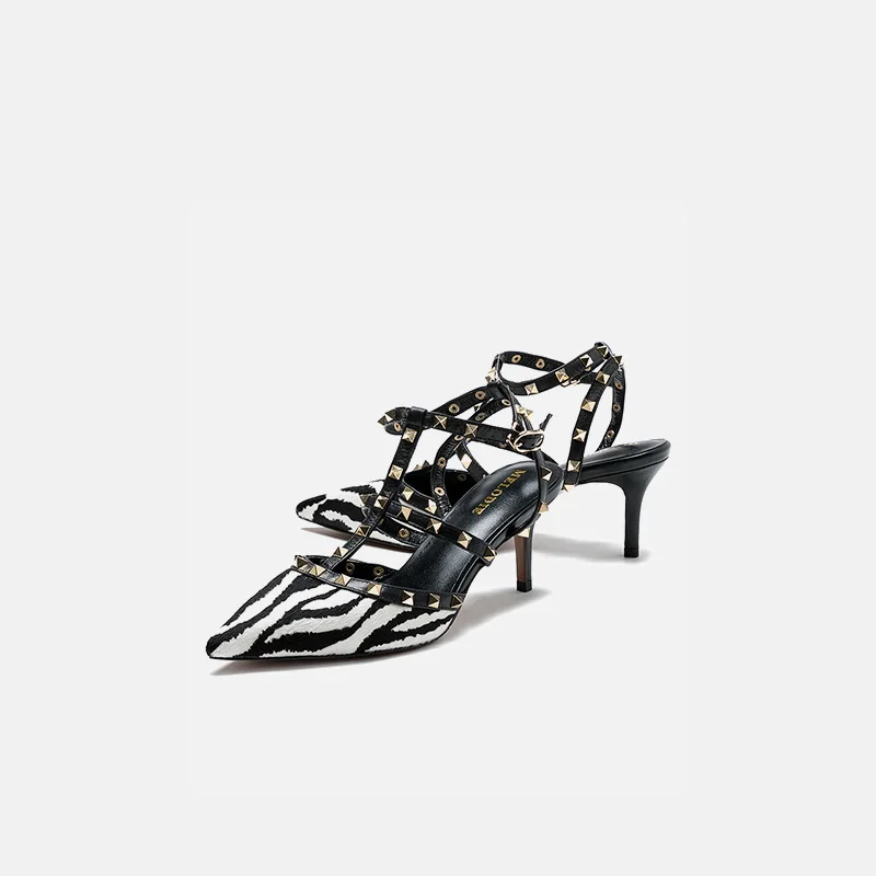 

MELODIE 2019 Summer Genuine Leather Fur Rivet Pointed Toe High Heels Shoes Woman Thin Heels Womens Shoes T-tied sandals MCJ016