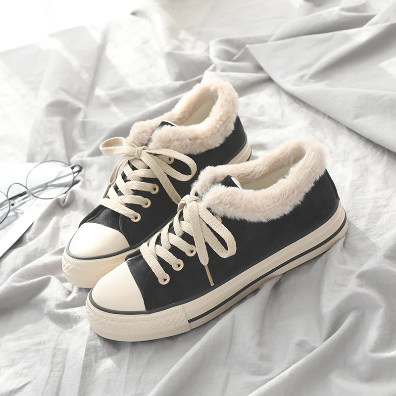 

Women Shoe Winter Cashmere Inside Shoelace 2018 Fashion Trending Style Female Ankle High Casual Shoe Chaussure Plat