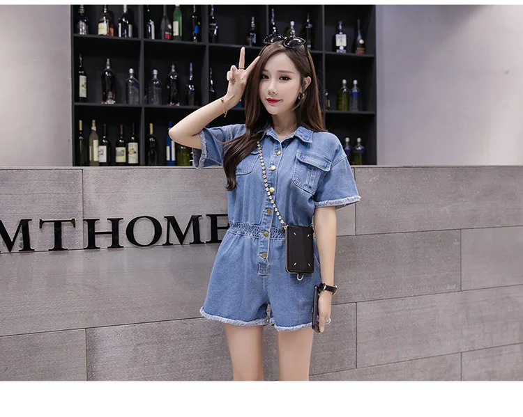 New Summer Wide Leg Jumpsuit Shorts Casual Short Sleeve Denim Rompers Loose Women Playsuit Blue Button Jeans Overalls Femme