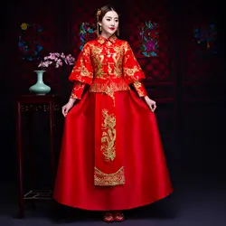 Винтаж невесты вышивка Cheongsam костюм Красный древний для женщин Свадебная одежда китайский стиль свадебное платье Дракон классический Qipao