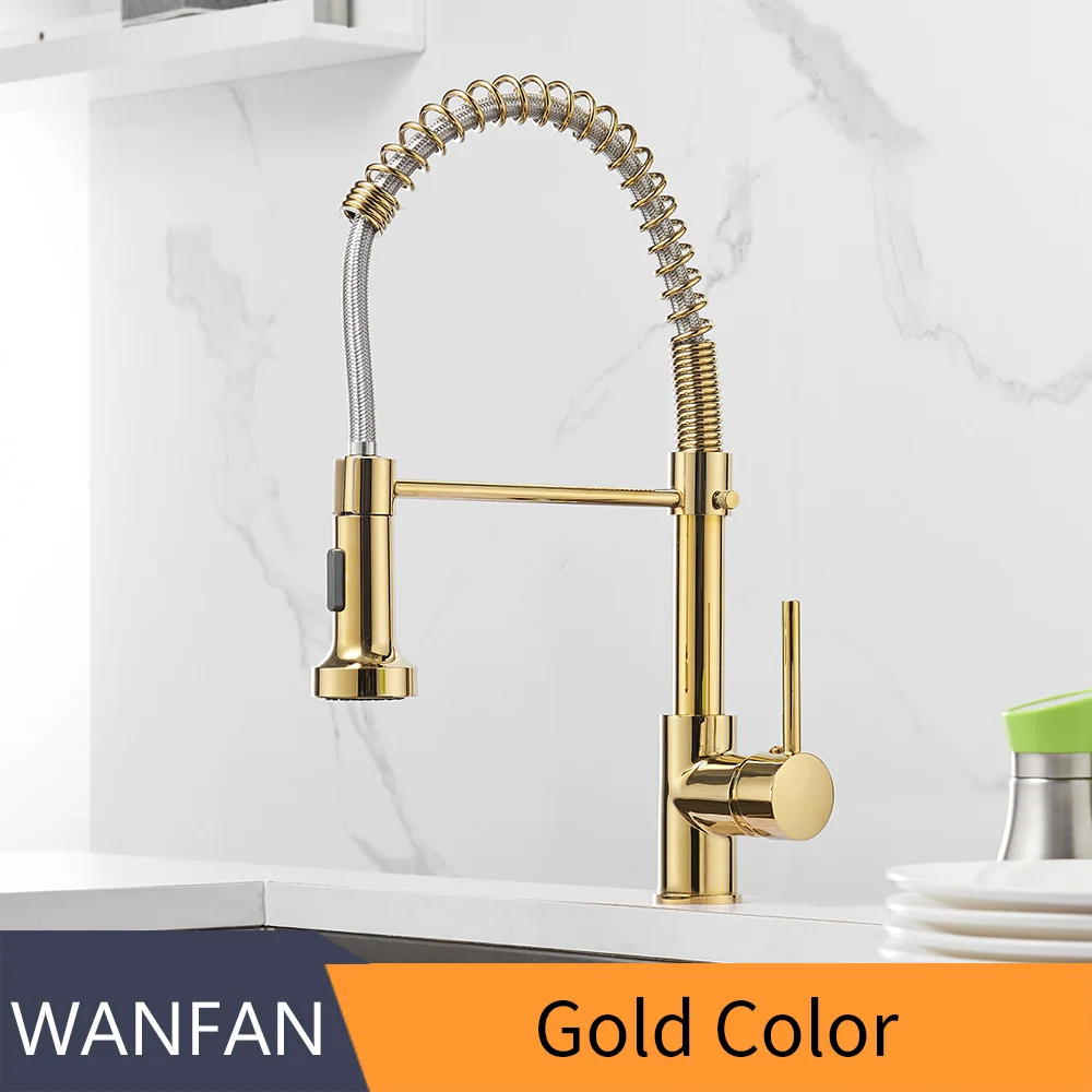 Kitchen Faucets Brush Brass Faucets for Kitchen Sink  Single Lever Pull Out Spring Spout Mixers Tap Hot Cold Water Crane 9009 stone kitchen sink Kitchen Fixtures