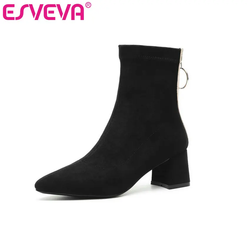 

ESVEVA 2020 Zipper Square Heel Women Shoes Stretch Winter Flock Ankle Boots Pointed Toe Mixed Color Short Boots Size 34-40