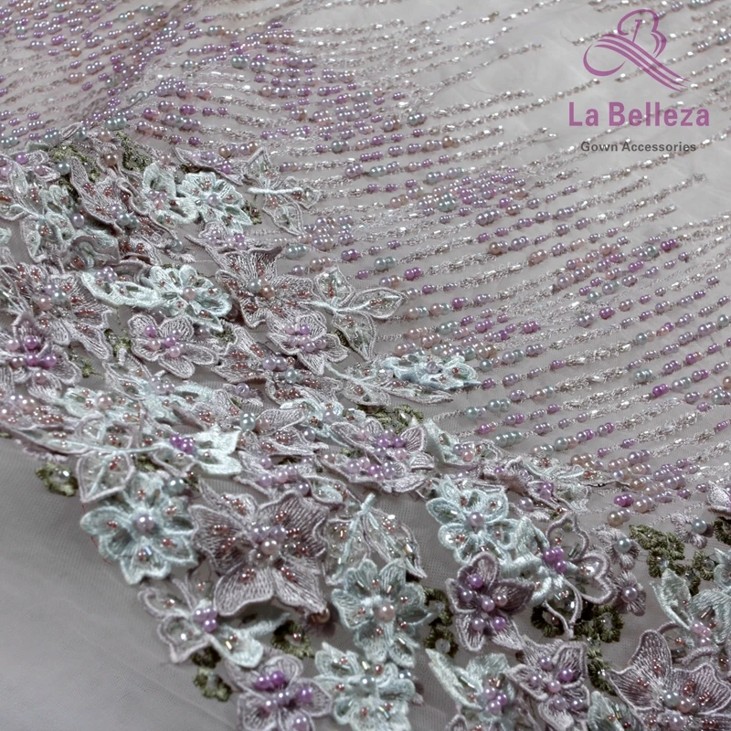 

La Belleza Blue/purple mixed hand made 3D flowers beaded lace fabric 47" width 1 yard