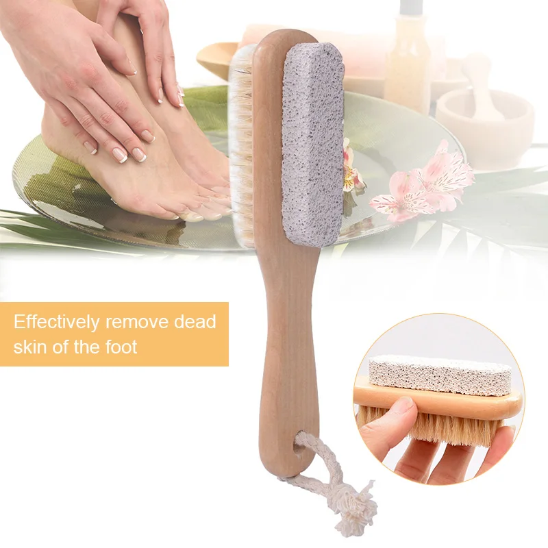1 PCS Foot Care Bristle Scrub Brush Wooden Handle Pumice Stone Remove