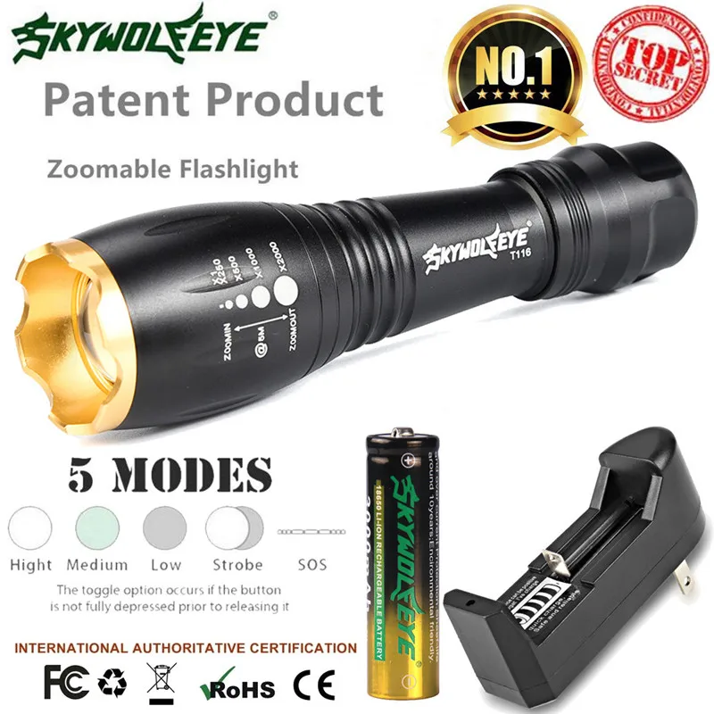 

Bike Cycling Light Flashlight Kit Tactical Zoomable 5-Mode XMLT6 LED Flashlight Militar Torch Light 18650 Charger Set A1