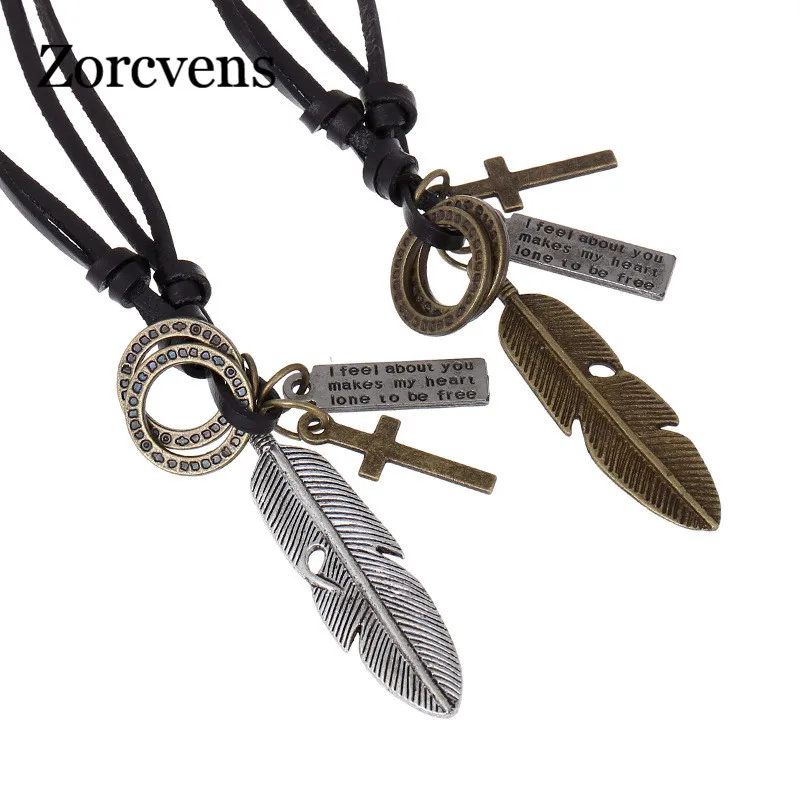 

LETAPI Alloy Feather Necklace Adjustable Leather Rope Jewelry Collier Sautoir Long Necklaces Pendants