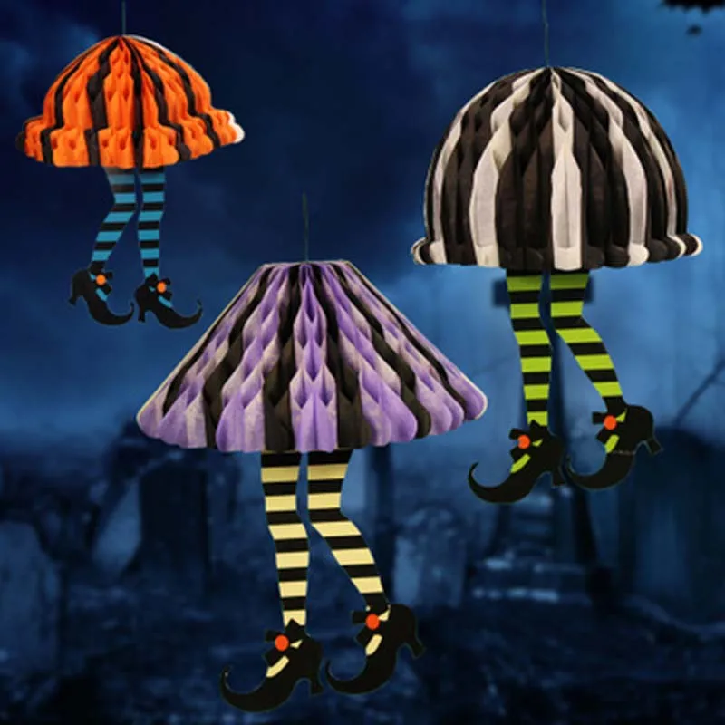 

Assorted Witch Feet Witch's Boot Shoes with Umbrella shape Tissue Pom Pom Skirt Halloween Party Hanging Decorations 1PC