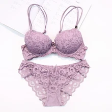 Sexy lace embroidery flowers thin thick double shoulder strap bra set deep V-neck thickening women’s push up underwear
