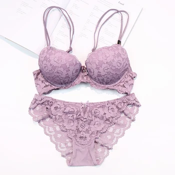 

Sexy lace embroidery flowers thin thick double shoulder strap bra set deep V-neck thickening women's push up underwear
