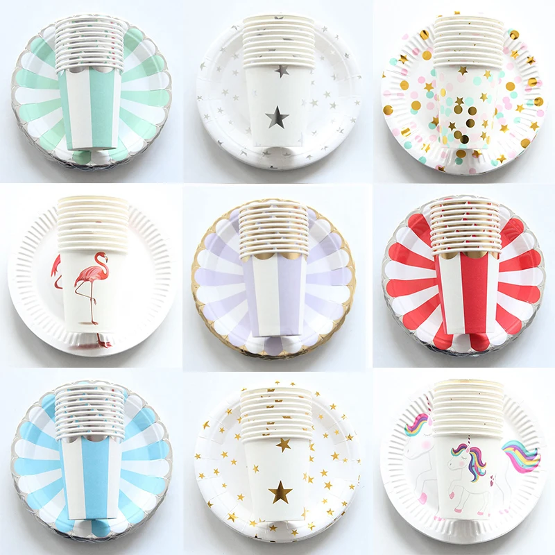 

20pcs Colorful Unicorn Flamingo Disposable Tableware Sets Paper Plates+Cups festival Decorative Birthday Wedding Party Supplies