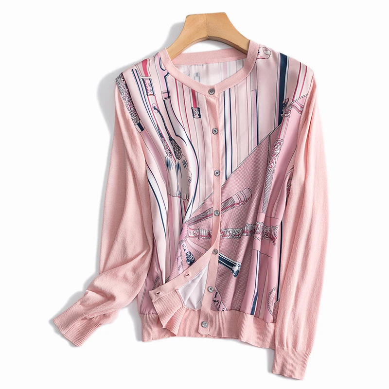 

Luxury Designer Brand Knitted Cardigans for Women O Neck Chain Print Silk Spliced Loose Wool Knitted Sweater Thin