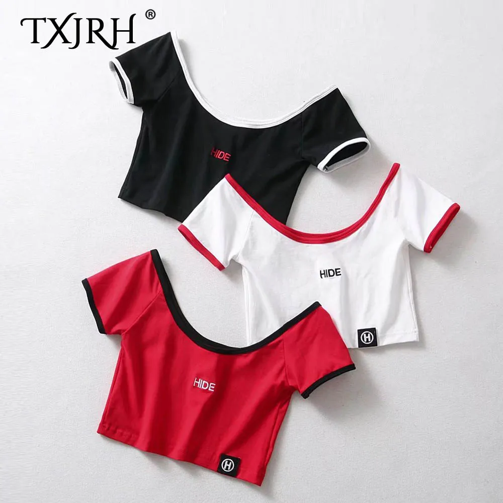 

TXJRH Sexy HIDE Letter Print Embroidery Slash Neck Slim T-Shirt Stylish Women Short Sleeve Casual Short Tee Crop Tops 3 Colors