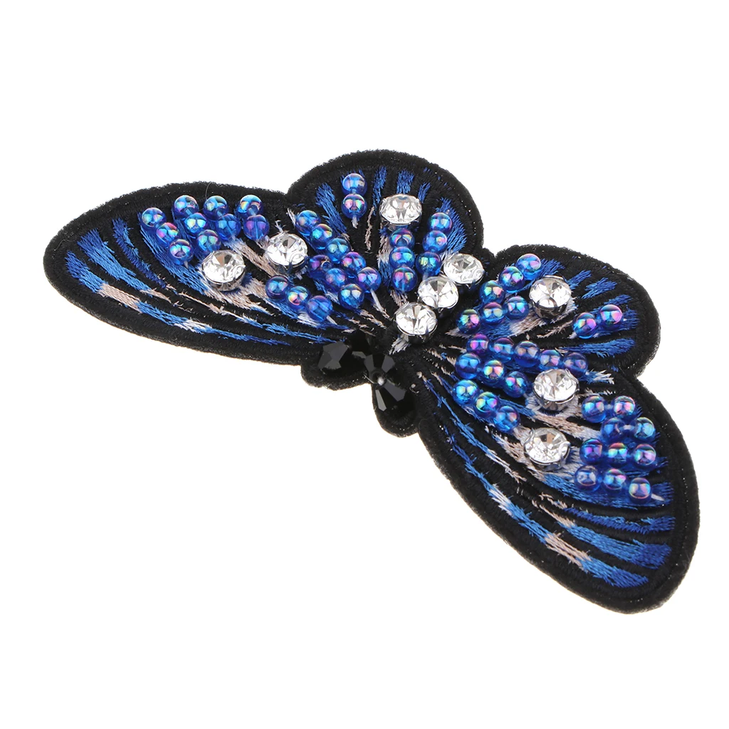 Crystal Pearl Beaded Patches Butterfly Style Clothes Embellishments Embroidery Applique Decorations for Repair/Design