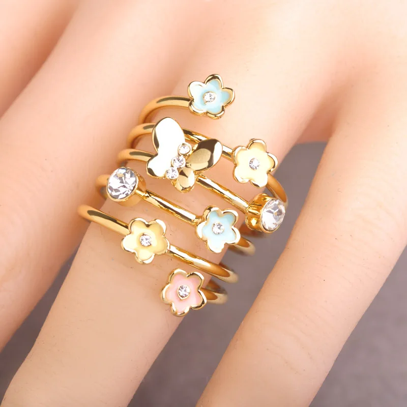 

Blucome Enamel Esmalte Butterfly Flower Ring Gold Color Crystal Anillos Mujer Multilayer Rings For Women Party Accessories Anel