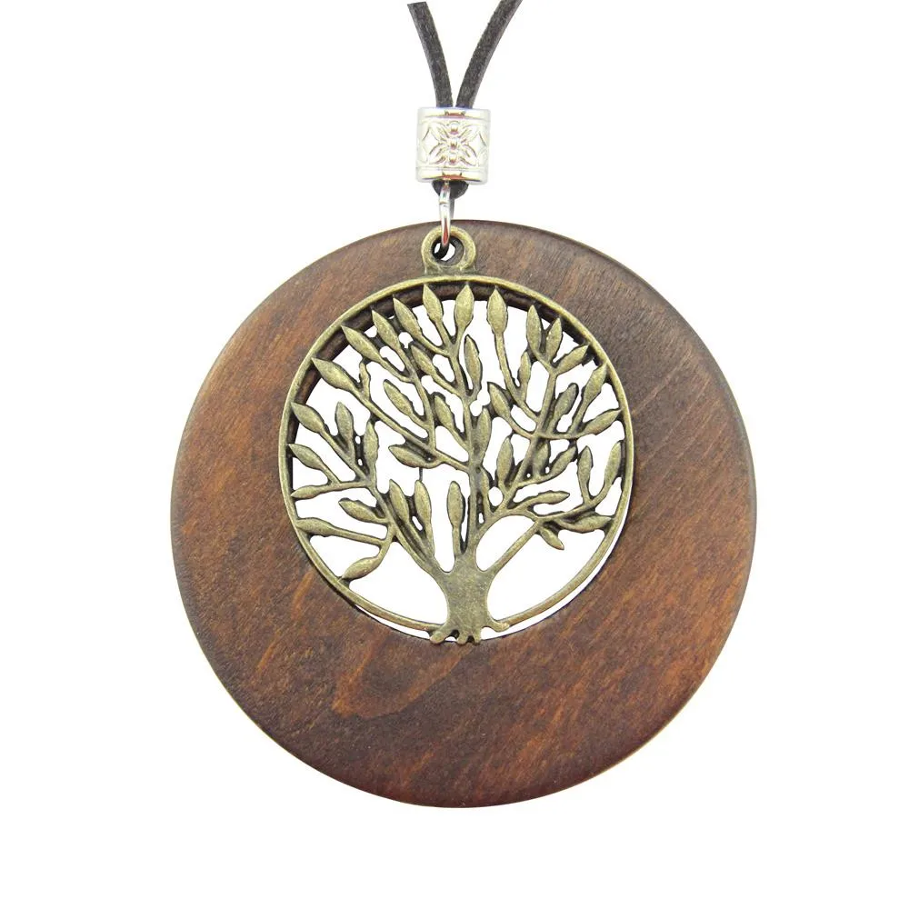 

Retro Handmade wooden Alloy Life Tree Pendant Necklace wood tree ethnic necklace long chain sweather statement for women girl