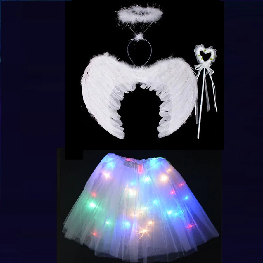 Детское белое крыло Ангела повязка на голову палочки светодиодный светильник юбка-пачка подарок на день рождения Косплей танцевальный светящийся костюм для Хэллоуина