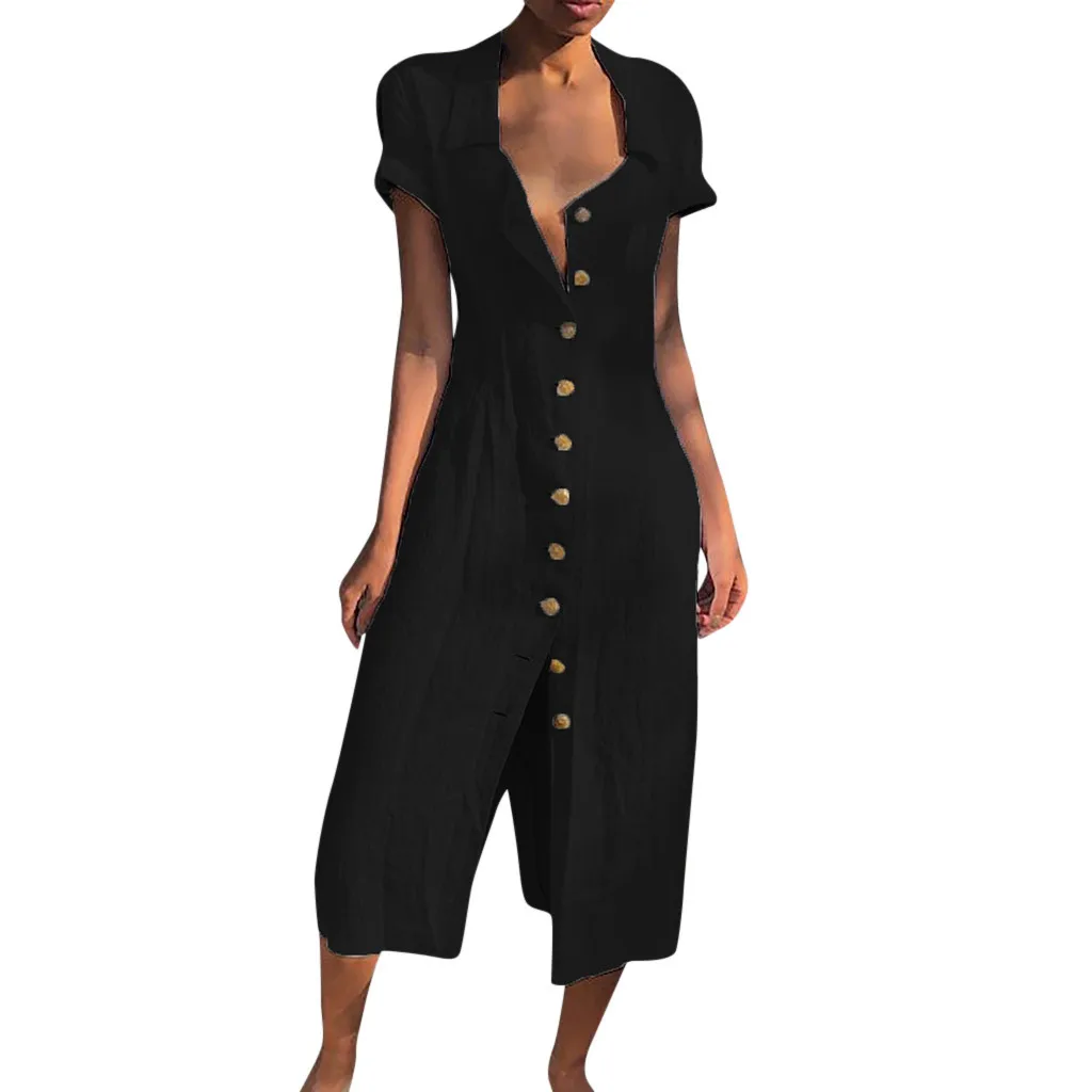 

FREE OSTRICH Dress Women Solid Color Casual Button Large Size Mid-Calf Black Loose Dignified Noble Popular Long Dress Summer