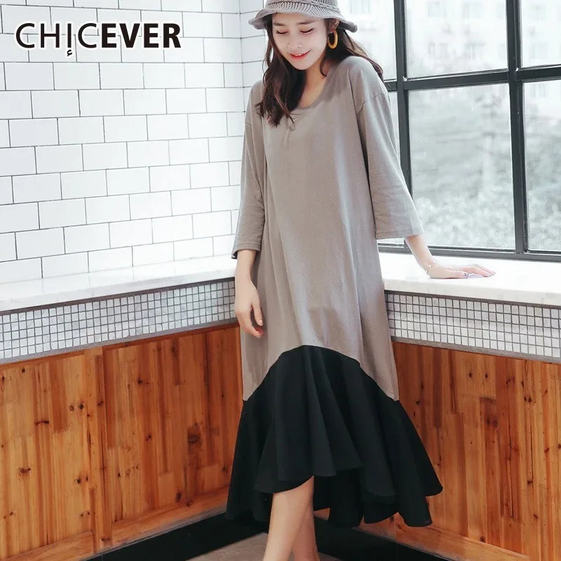 

CHICEVER Autumn Dress For Women Patchwork Ruffles Hit Colors Loose Big Size Dresses Female Clothes Fashion Korean New 2019