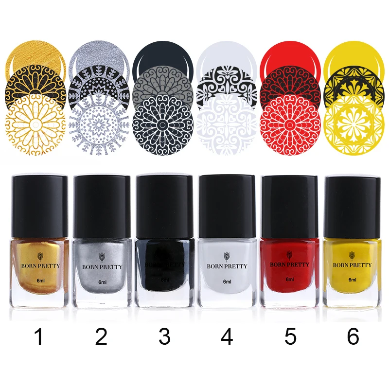 

BORN PRETTY 6 Bottles 6ml Nail Stamping Polish Set Manicure Plate Printing Varnish Nail Art Painting Lacquer Kit Decoration