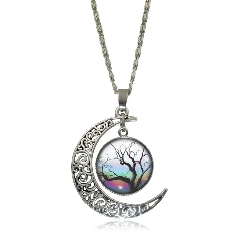 

XUSHUI XJ Silver Color Crescent Moon Pendant Necklace Women Fashion Jewelry Tree of Life Glass Cabochon Chain Necklace Girl Gift