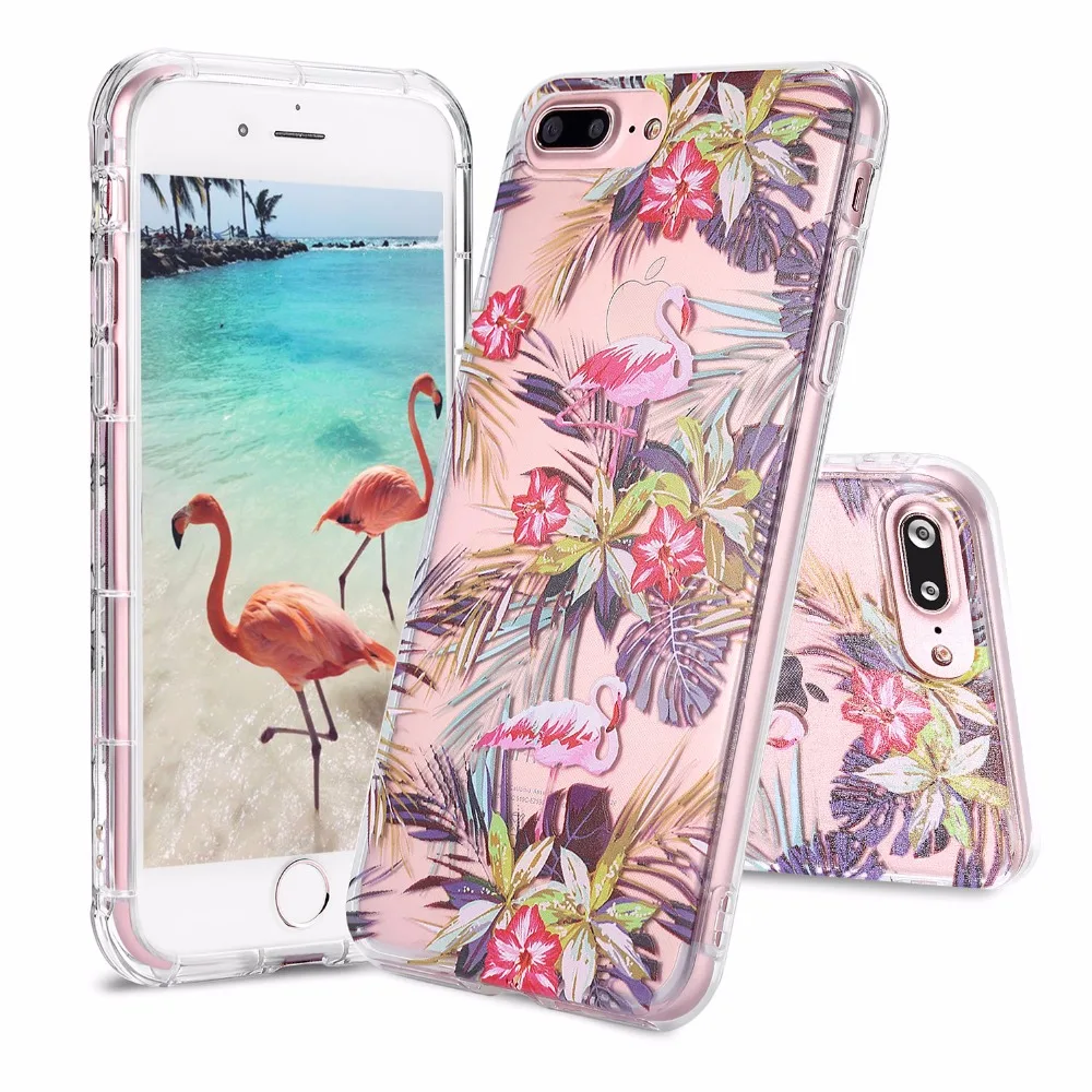 

For iPhone 8 7 Plus Phone Cases,Soft TPU Back Cover Summer Elements Flamingo Prints Silicone Protective Case for iPhone 7 Shell