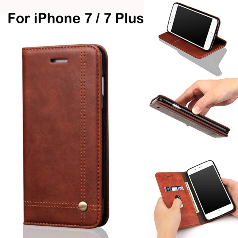 Retro Case For iPhone 7 Case Leather Wallet Flip Ultra Slim Vintage Soft Back Cover For iPhone 7 Plus Case Luxury For Women Men