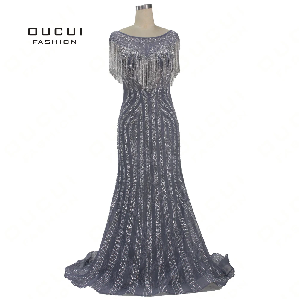 

Oucui Mermaid Dress 2019 Scoop Grey Tulle Luxury Crystal Tassel Handmade Craft Evening Dresses Formal Gown For Ladies OL103351