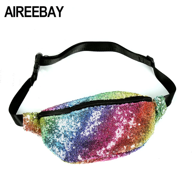 AIREEBAY Fashion Sequin Fanny Pack Female Rainbow Color Belt Bum Bag Waist Packs 2018 New Design Glitter Women Pouch Hip Purse
