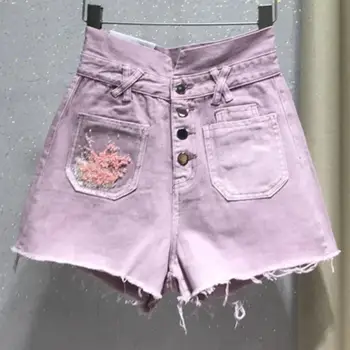 

2019 summer fashion single-breasted denim shorts women high waist a-line wide leg jeans shorts