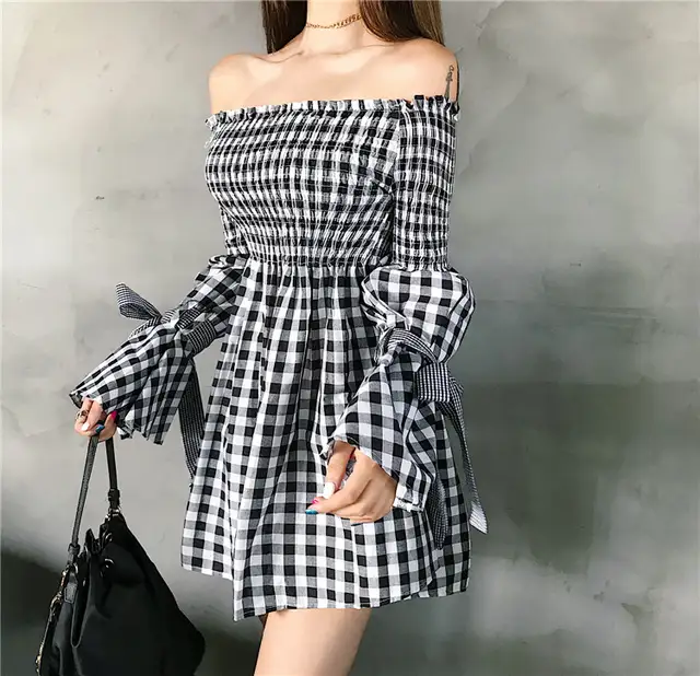 Robe Femme Ete Mini Dress Black White Plaid Women Spring Summer