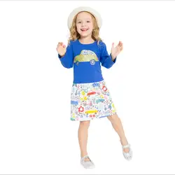 Фирменные прыжки метров платья для девочек с принтами автомобилей вязаная хлопковая детская одежда Длинные рукава Одежда для маленьких