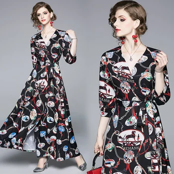 

2019 Spring Summer Fall Runway Vintage Letter Chain Print V Neck Long Sleeve Empire Waist Women Ladies' Casual Maxi Beach Dress
