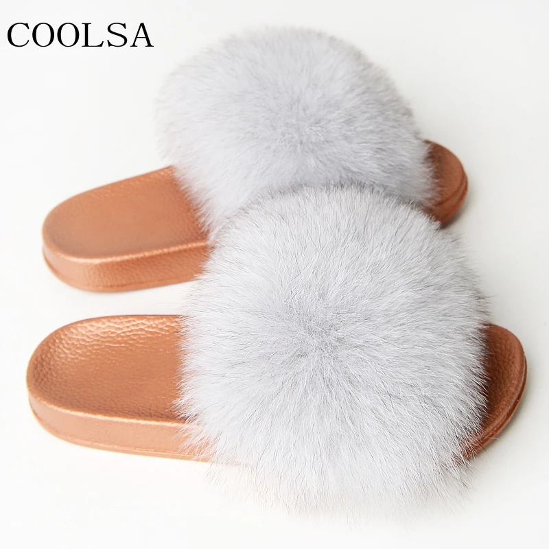 

2019 Women's Real Fox Fur Sandals Fox Hair Flat Fluffy Slippers Indoor PVC Gold Bottom Plush Shoes Women Slides Furry Flip Flops