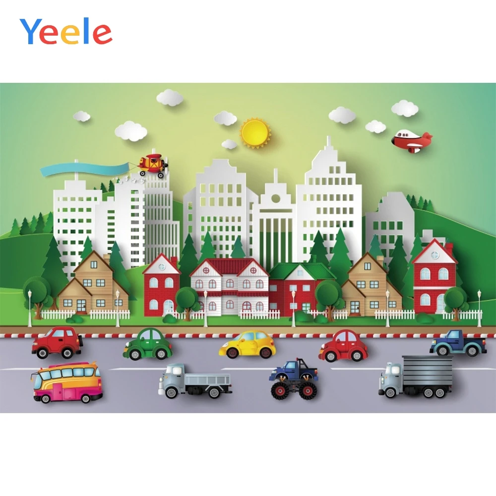 

Yeele Clouds Sun Buildings Cars City Trees Cartoon Photography Backgrounds Photographic Customized Backdrops for Photo Studio