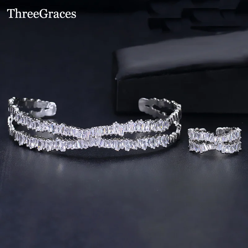 

ThreeGraces Punk Style Bracelet Set Big Baguette Cubic Zirconia Stone Adjustable Bangle Ring Sets Ladies Party Jewelry JS230