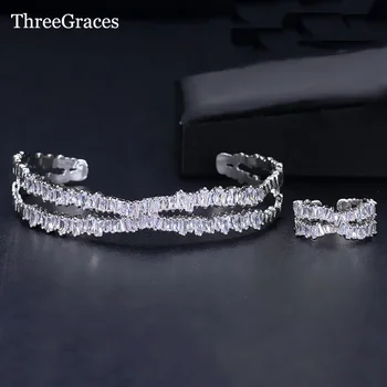 

ThreeGraces Punk Style Bracelet Set Big Baguette Cubic Zirconia Stone Adjustable Bangle Ring Sets Ladies Party Jewelry JS230
