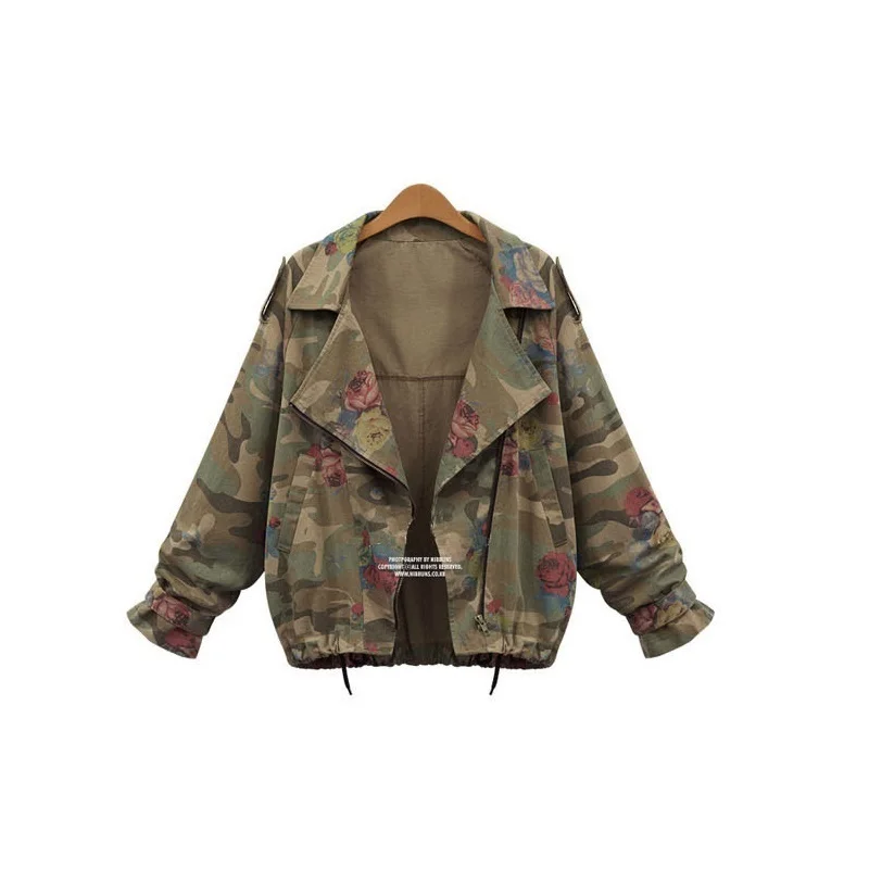 

Bat Sleeve Short Rose Printing Camouflage Bomber Army Military Green Parka Anorak Summer Jacket Loose Women Coat Windbreaker