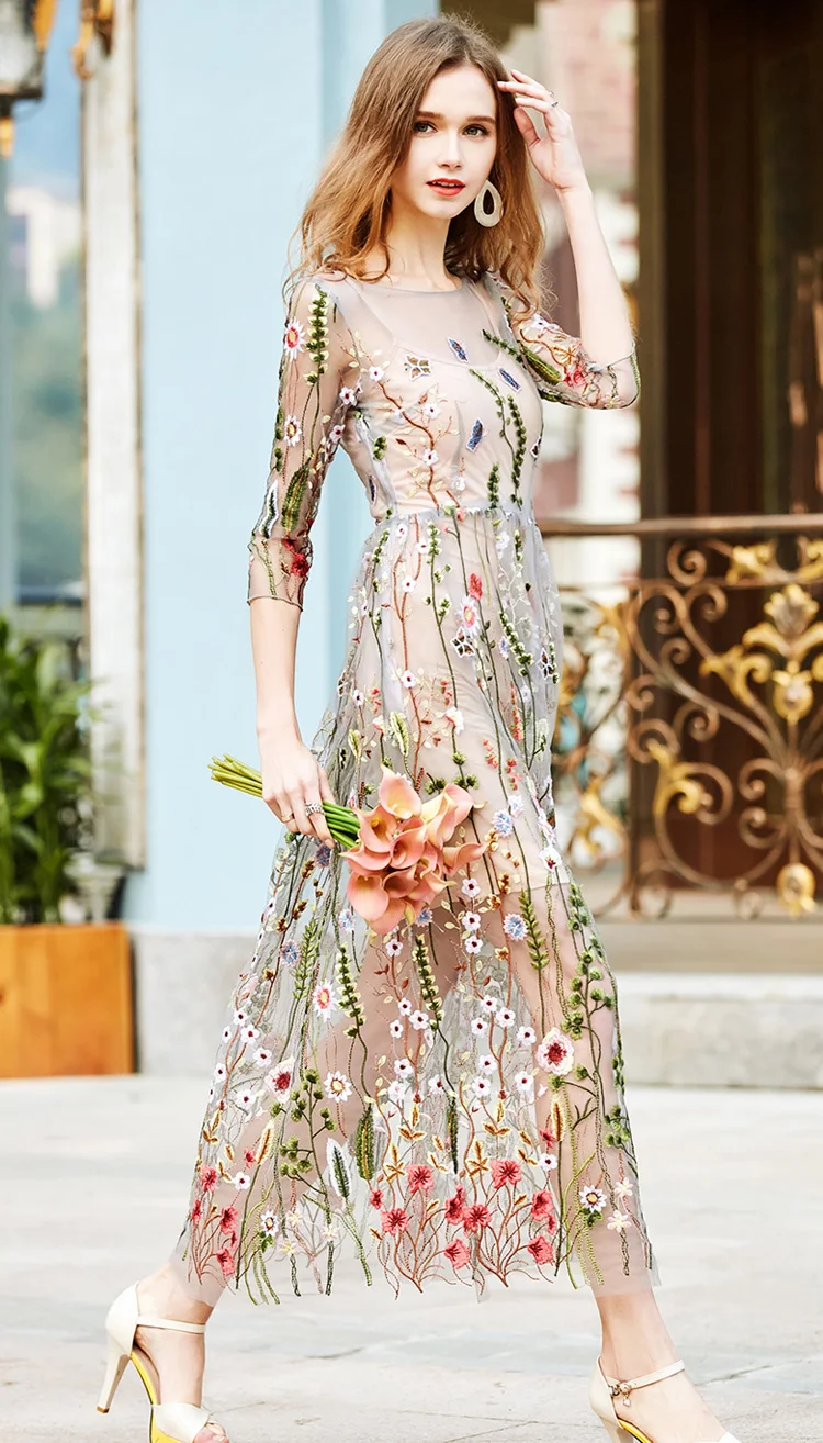 Floral O Neck Half Sleeve High Waist Long Dress 