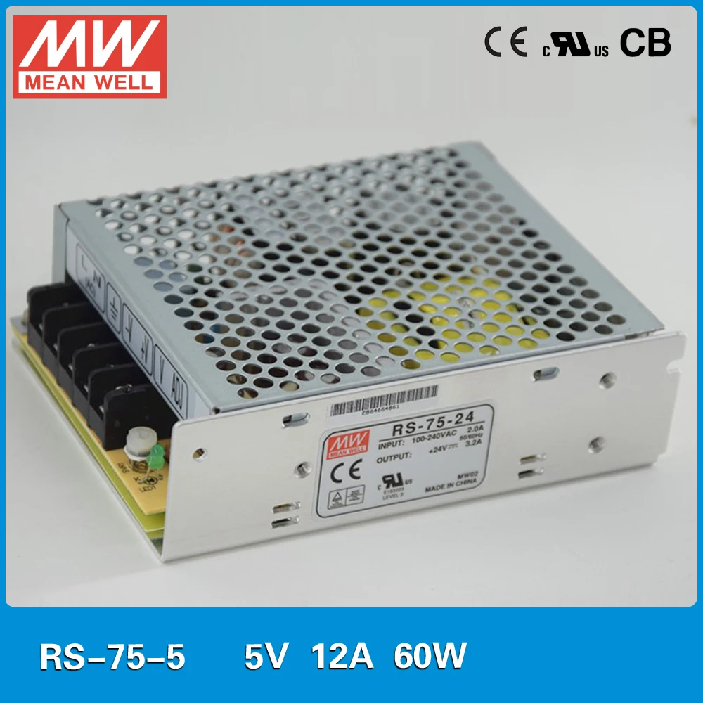 Оригинальный бренд Mean Well представляет RS-75-5 один выход 12A 60W 5V Питание UL TUV CB EMC CE