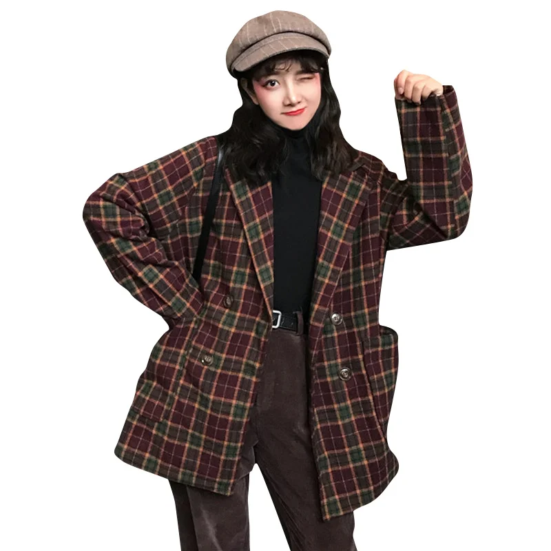 

U-SWEAR New Women Lattice Thicken Warm Woolen Coat Autumn Winter Female Fashion Loose Abrigos Mujer Invierno 2019