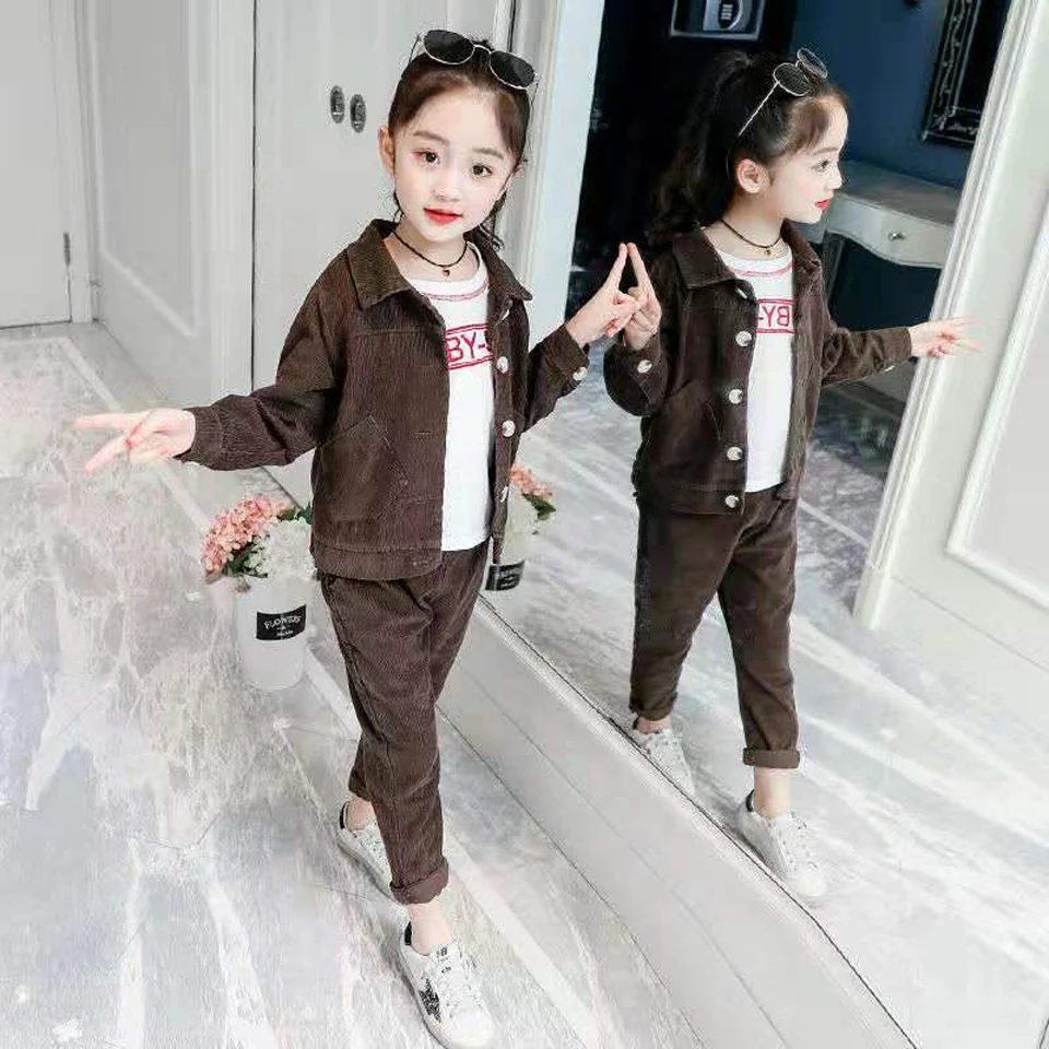 Комплекты одежды для маленьких девочек Однотонные топы с длинными рукавами, пальто, куртки + штаны, комплект повседневной детской одежды на