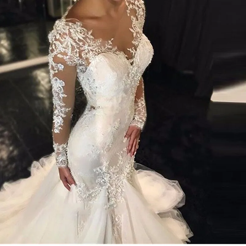 

HSDYQHOME African Vintage Long Sleeves Mermaid Wedding Dresses Vestido De Noiva Lace Wedding Dress Bride Dress Robe De Mariage