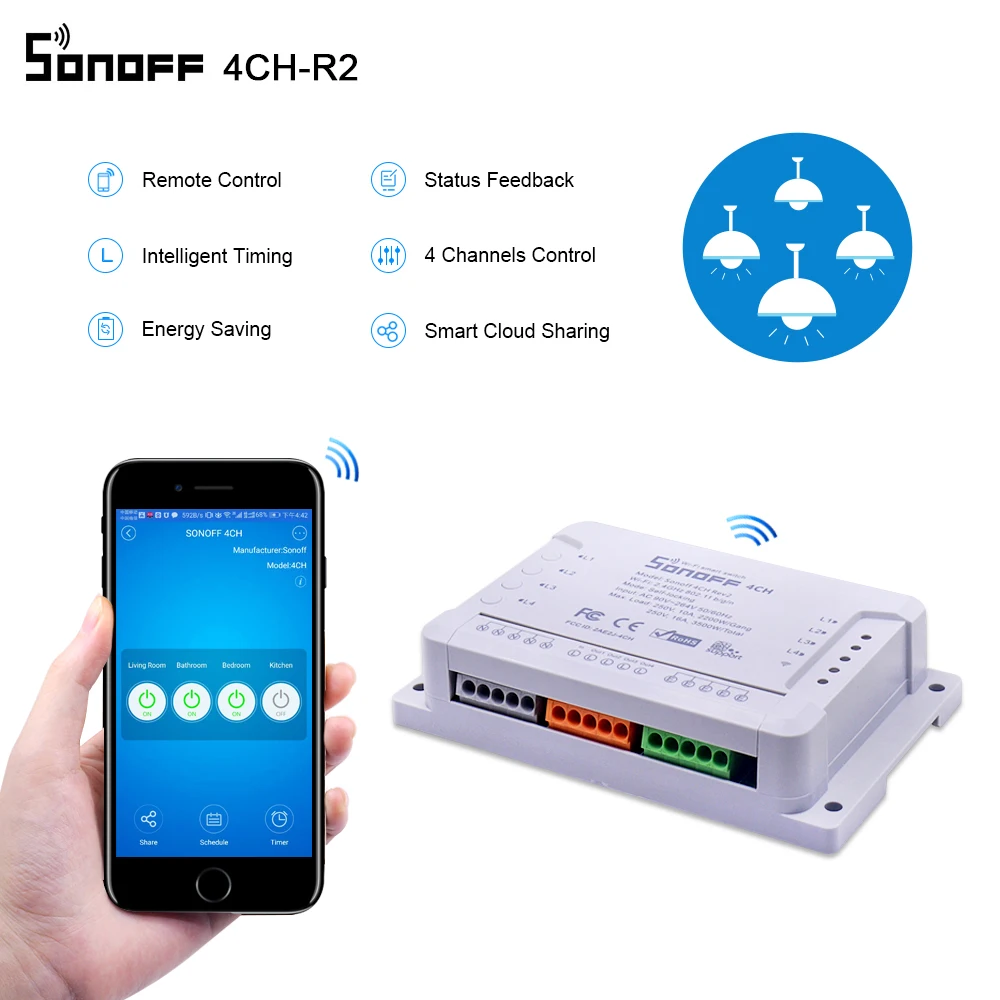 Интеллектуальный выключатель света Sonoff 4CH Смарт Беспроводной модуль