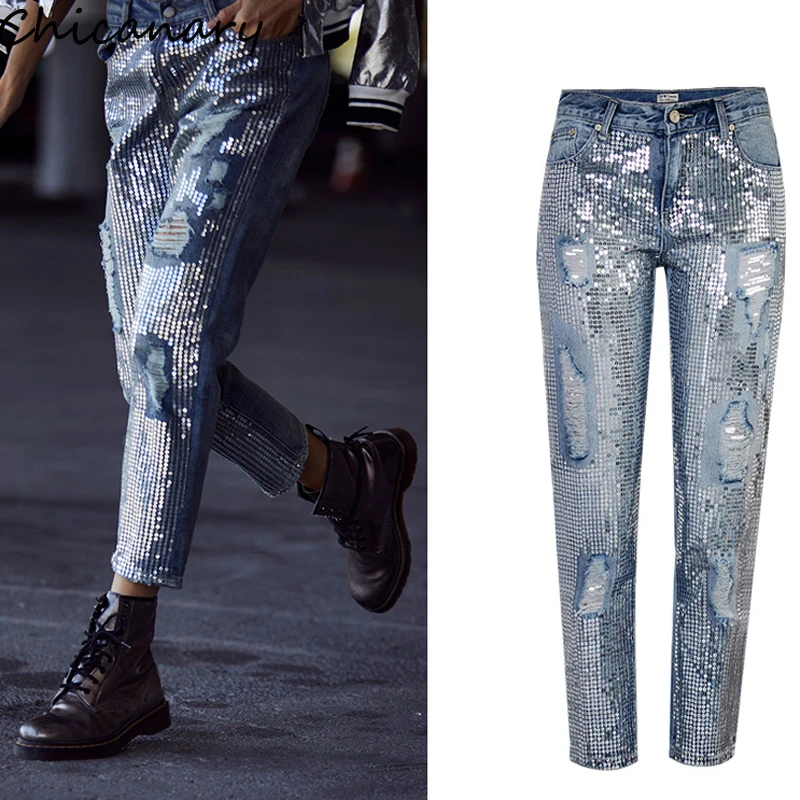 sequin front jeans