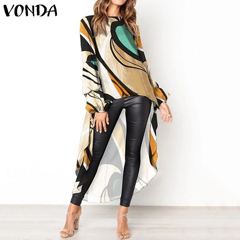  VONDA Women Blouse Casual Patchwork Printed Shirts 2019 Bohemian Long Shirt Lantern Sleeve Tops Irr