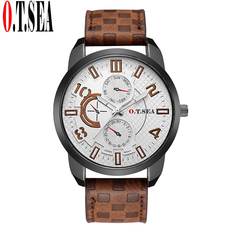 

O.T.SEA Men's Casual Sport Quartz Watch Top Brand Luxury Quartz Watch Leather Strap Military Watch Wrist Male Clock 4048-1