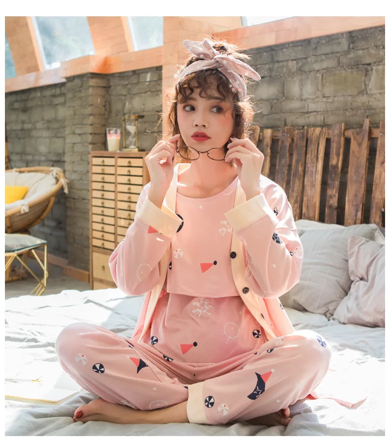 Pregnancy Sleepwear Breast Feeding Clothes Nursing Pajamas Pregnant Pyjama Breastfeeding Pregnancy Nightgrown Three-piece A031