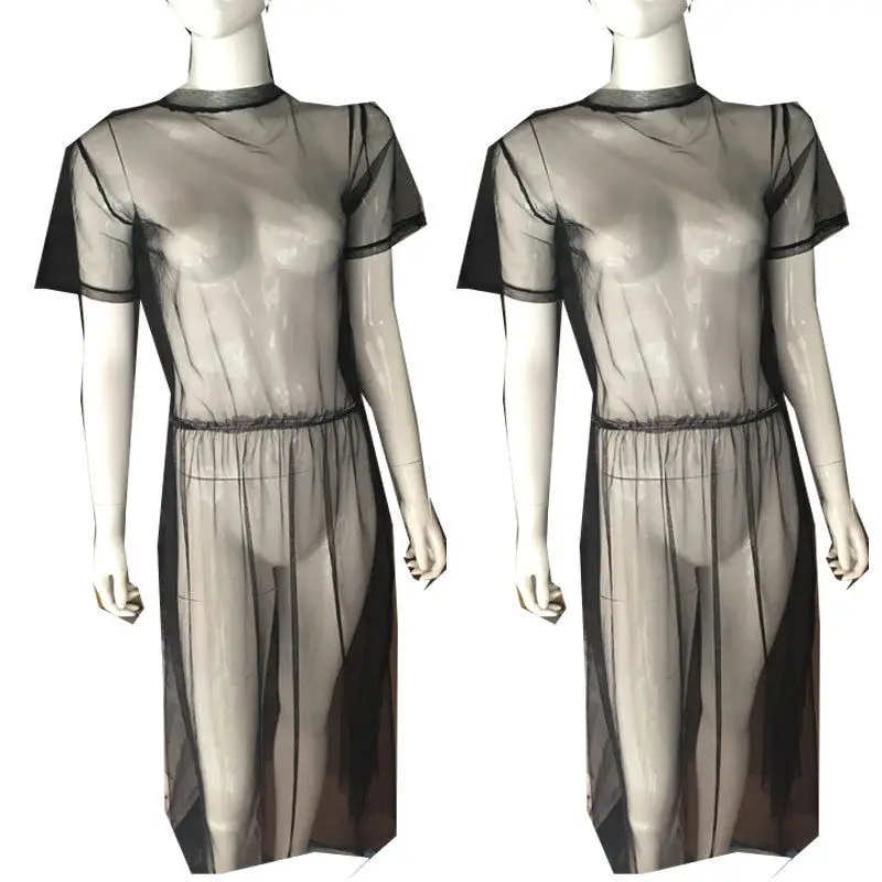 2018 Summer Volie Mesh Dresses Women See Through Black Gauze Mesh Sundress Half Sleeve Lace Sexy Outwear 1-Piece Summer