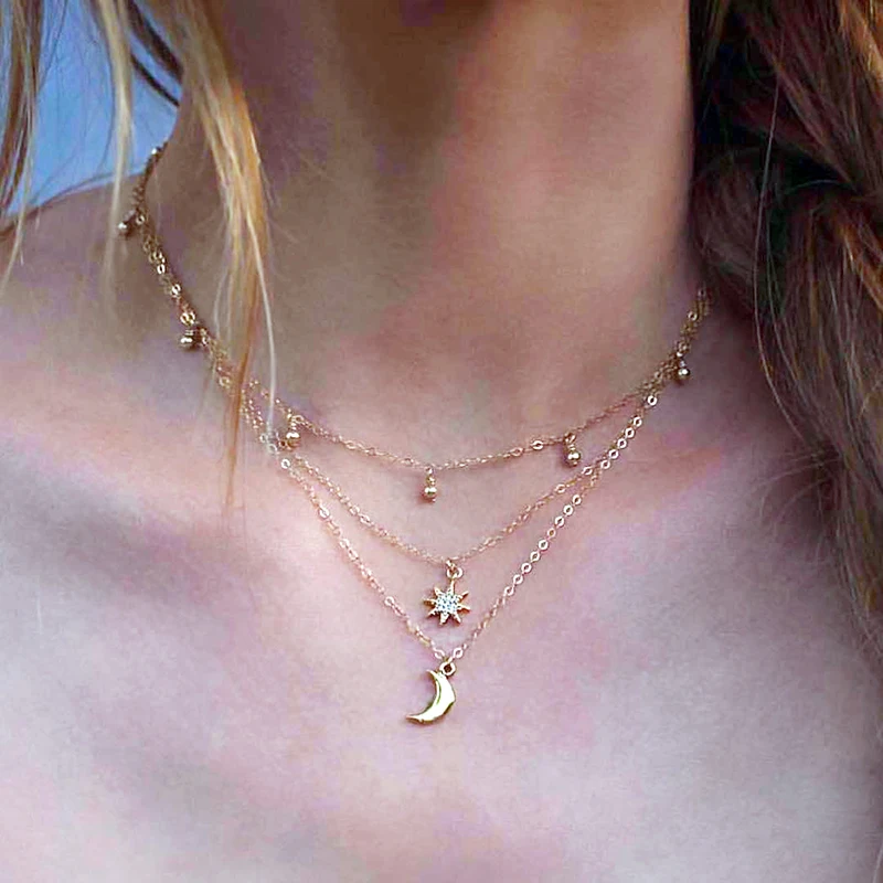 

Delicate Beaded Tassel Choker Necklaces For Women Gold Color Chain 3 Layered Necklace Moon And Star Jewelry Colier Femme 2018