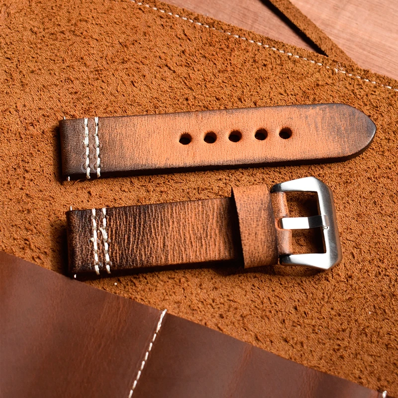 Onthelevel Vintage Watch Strap 20mm 22mm 24mm Watch Band Leather With Brush Buckle Retro Thick Band Watch Belt #C